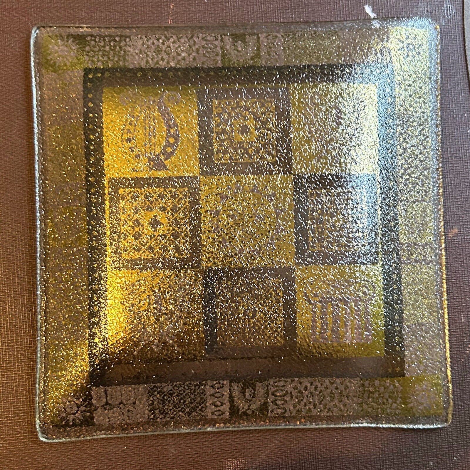 Mid Century MCM Georges Briard Square Bent Glass Dish Gold Sun Lyre Motif