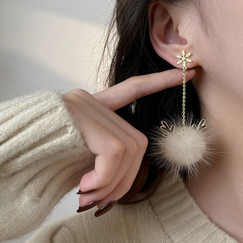 Boucles D'oreilles Flocon De Neige Pour Femme - Doré Avec Strass Et Boule En Peluche - Cadeau De Noël, Hiver, Saint-Valentin
