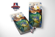 Mahi Mahi Fish Boat Cornhole Board Vinyl Wrap Skins Laminated Set Decal