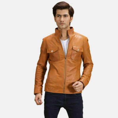 Men's Genuine Lambskin Real Leather Jacket Vintage Slim fit Casual Zipper Biker