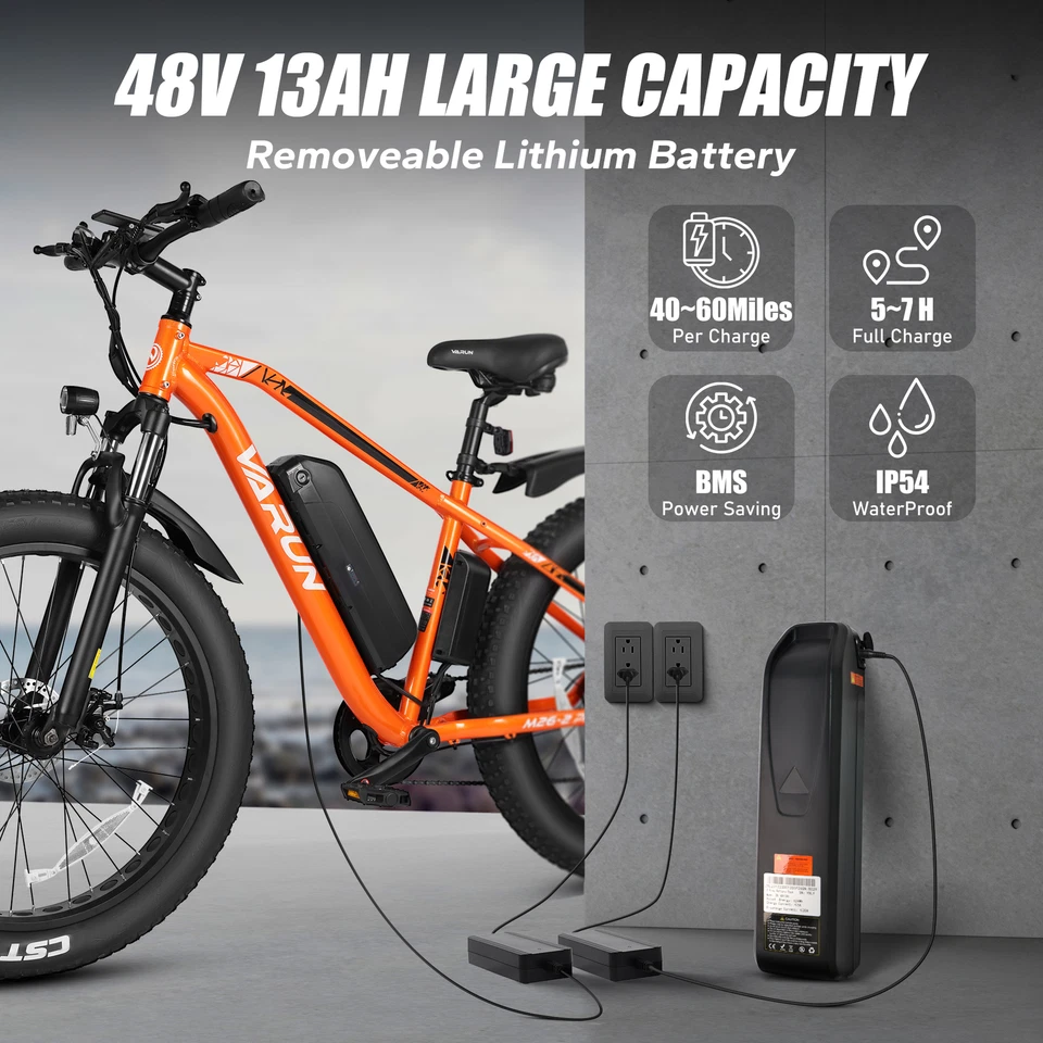 VARUN Fat Tire Electric Bike 26" Mountain Bike 750W 48V 7 Speed Ebike for Adults - Image 4 of 4
