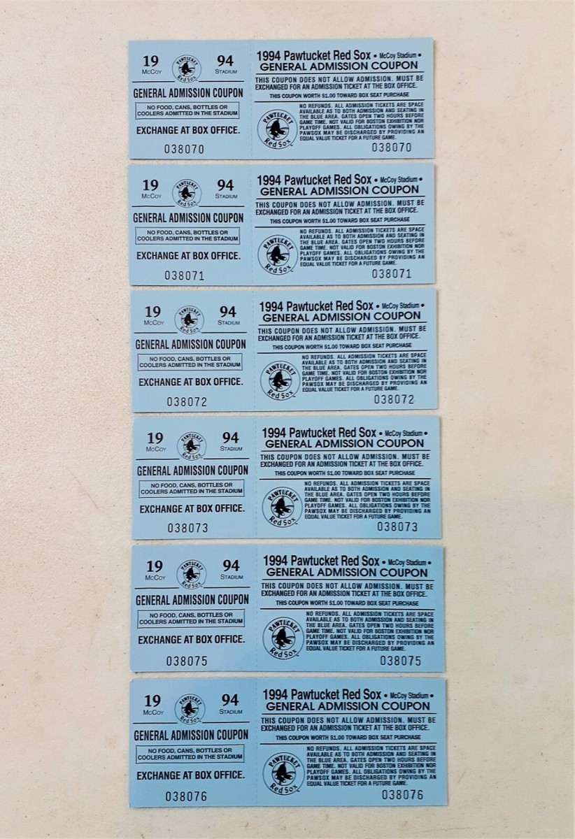 Lot 6 Pawtucket Red Sox Tickets 1994 McCoy Stadium Grandstand