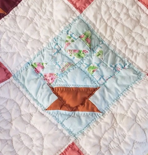 VTG Handmade Patchwork Diamond Quilt Flower Pot Design Homemade Twin Bed Pink - Picture 4 of 12