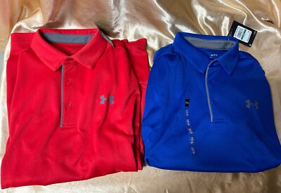 Lot of 2  Authentic size LARGE Under Armour Loose-fit Tech Polo Shirt Blue & Red