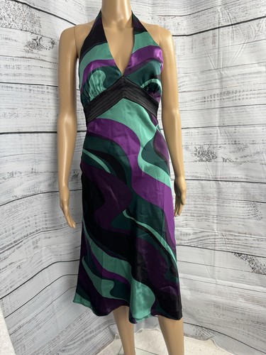 NWT Laundry Shelli Segal Silk Halter Midi Dress 10 Green Purple Y2K V-Neck