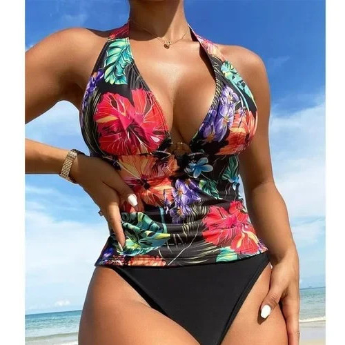 Tropical Floral Print Ring Halter Swim Tankini Top Multi Women's M