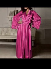 Women's Satin Lace Long Sleeve Kimono Robe - Black Pink Blue White