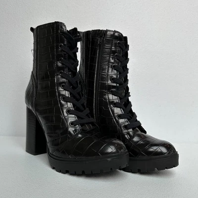 Steve Madden Lead Black Croc Embossed Lace Up Heeled Combat Booties Women’s 8M - Image 1 of 4