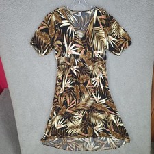 Old Navy Dress Womens Large Brown Midi Floral Palm Leaves V Neck Half Sleeve