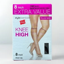 Hanes Style Essentials Nude Knee High Plus Size Reinforced Toe 20 Denier 8 Pairs