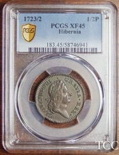 1723/2 WOOD'S HIBERNIA 1/2P ~ PCGS XF45 OVERDATE ~ COLONIAL HALFPENNY ~ TCC