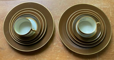 2 Fitz & Floyd Renaissance Brown Cognac Gold Rim Dinner Sets Japan 10 Pieces  