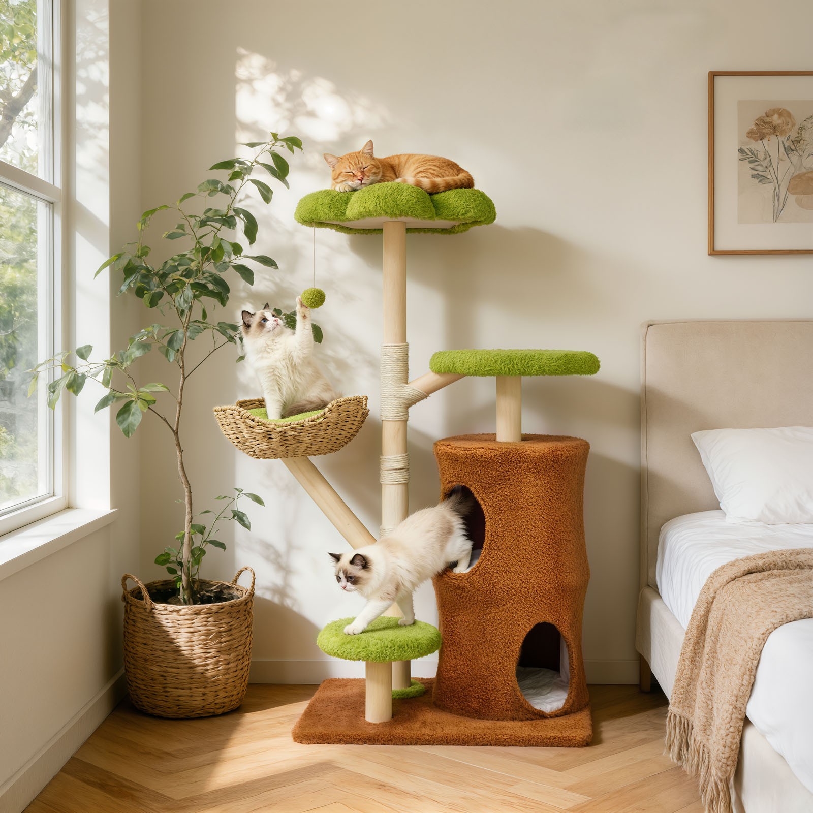 Modern Cat Tree Large Wood Cat Tower Real Branch Cat Furniture with Cozy Condos