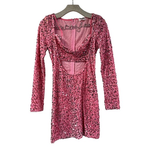 Miss8 Velvet Cutout Pink Sequin Dress Medium Stretchy Long Sleeve Mini Sparkly