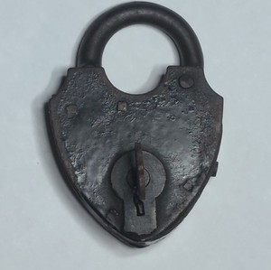 1900's Antique Original Heart-Shaped Black Metal Padlock, Rusted, Includes Key