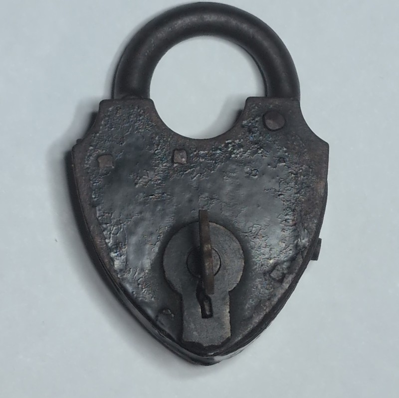 Antique Original Heart-Shaped Black Metal Padlock, Rusted, Includes Key