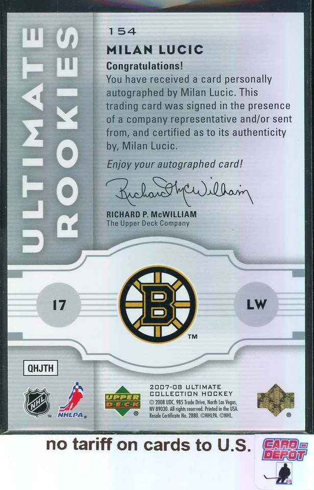 2007-08 Ultimate Collection Rookies Autograph #154 Milan Lucic 253/399 - Image 2 of 2