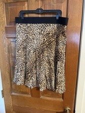 Karen Kane Leopard Animal Print Flare Skirt XL Elastic Waist Rayon USA Made