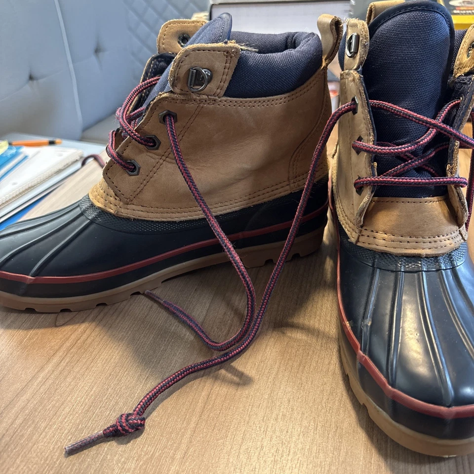 Botas de Lluvia Para Mujer Talla 8M LANDS END Botas de Pato Goma Tostado/Azul Marino Cuero Con Cordones Foto 2 de 4