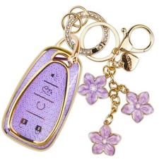 TPU Key Fob Cover with Floral Keychain Compatible with Chevy 5-Button Skpurple
