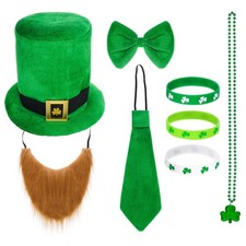 yeabwps 8 Pcs St Patricks Day Leprechaun Costume Set Irish Green Hat Fake Bea...