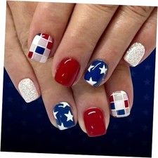 4th of July Press on Nails Short Square Fake Nails with Red Stars Grid Glitter