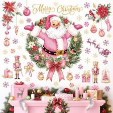 Pink Christmas Santa Claus Wall Stickers Christmas Wreath Xmas Snowflakes Pee...