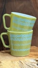 2- Vintage Super Rare Pyrex test green-turquoise floral milk glass mugs