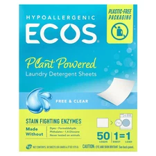 ECOS®, Plant Powered Laundry Detergent Sheets, Free & Clear, 50 Sheets