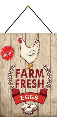 Schild Spruch ''Farm fresh eggs, premium quality'' 20 x 30 cm mit Kordel