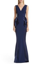 CHIARA BONI La Petite Robe Navy Blue Notte Satin Bow Trumpet Maxi Gown 36 0 XS
