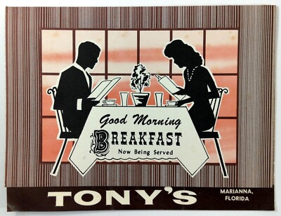  1961 Vintage Original BREAKFAST Menu TONY'S Restaurant Marianna Florida