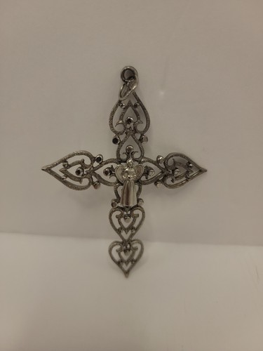 Vintage Silber Grauton offene Medaille Arbeit Kreuz Anhänger mit Engel in der Mitte 3 1/2 - Bild 5 von 8