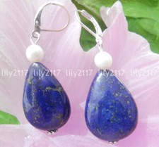Natural Egyptian Blue Lapis Lazuli Real White Pearl Leverback Dangle Earrings