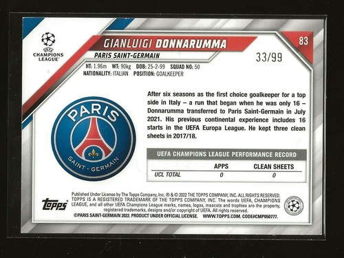 GIANLUIGI DONNARUMMA 2021-22 UEFA Champions League Base Icy Blue Foil #83 33/99 - Picture 2 of 2