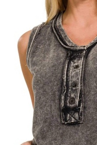 Zenana Acid Washed Oversized Button Henley Scoop Neck Tunic Tank Top in Black - Picture 3 of 4
