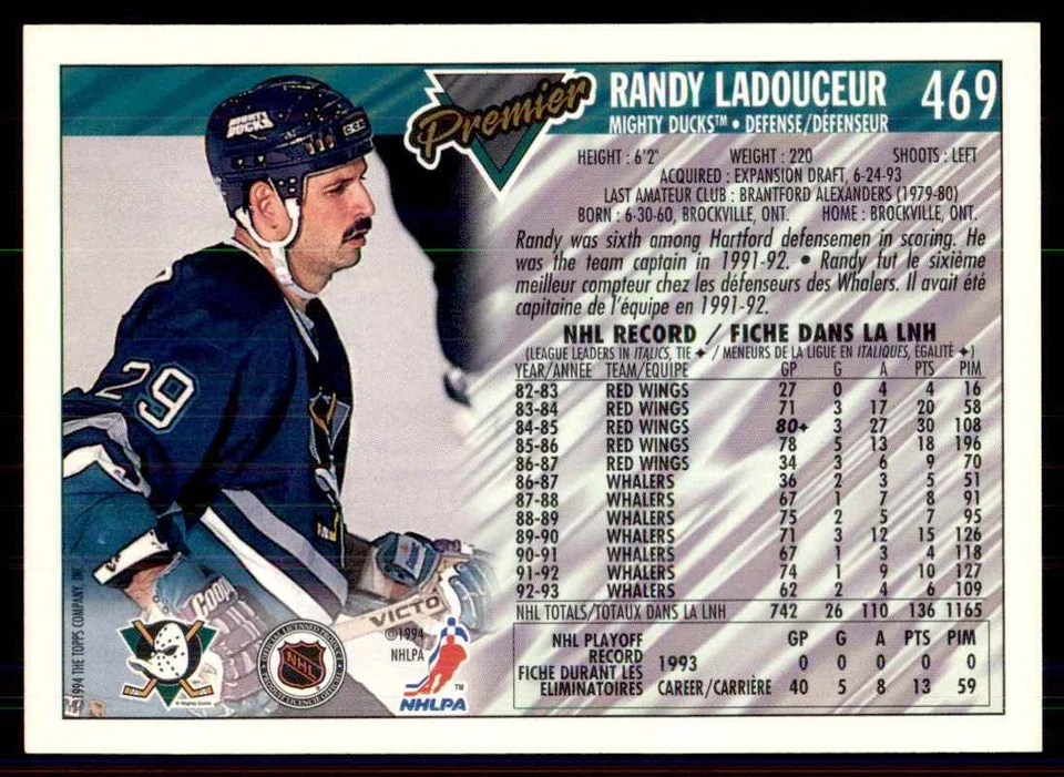 1993-94 Topps Premier Gold Randy Ladouceur Anaheim Mighty Ducks #469 - Image 2 of 2