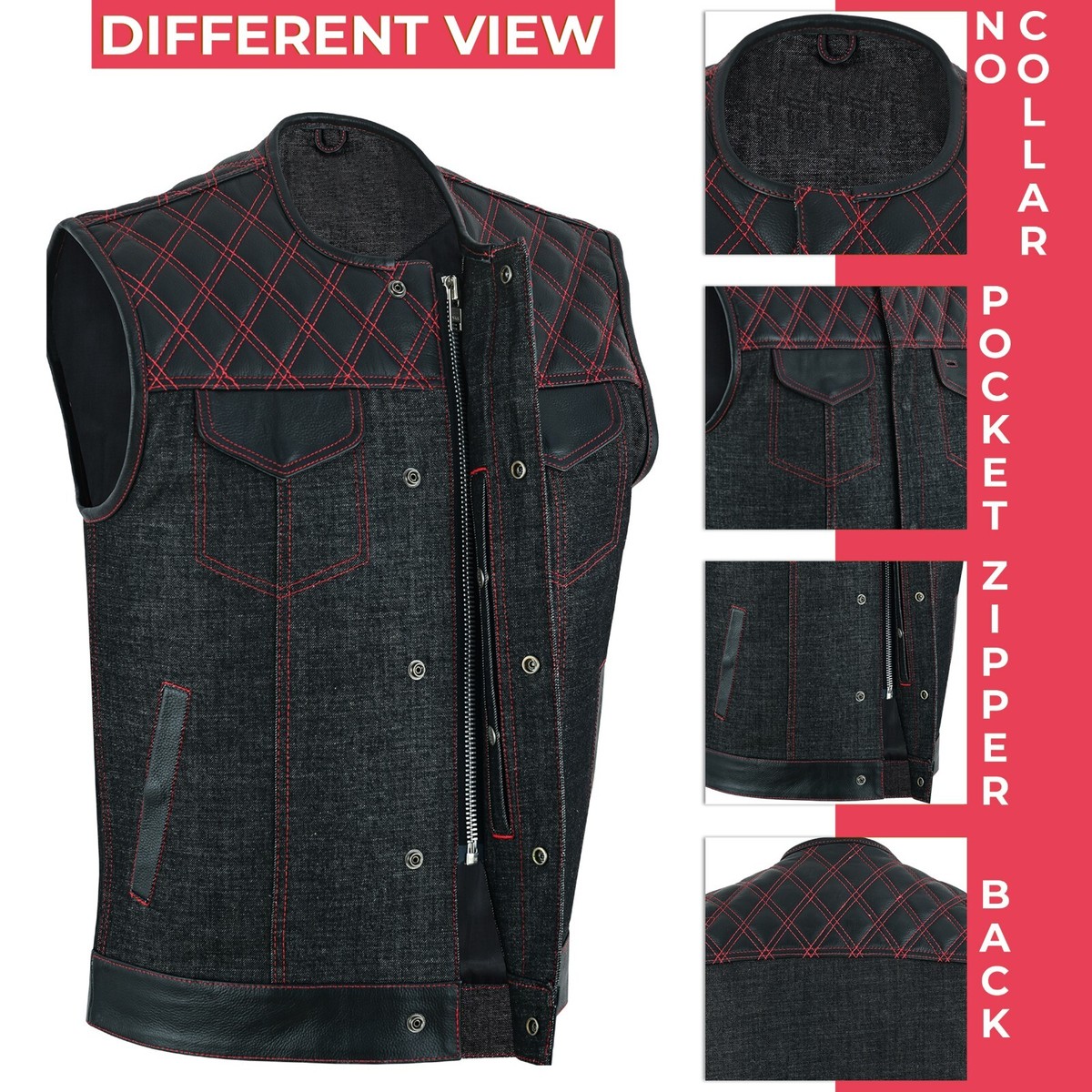 Men's Motorcycle Leather Denim Club Style Vest Red Stitching