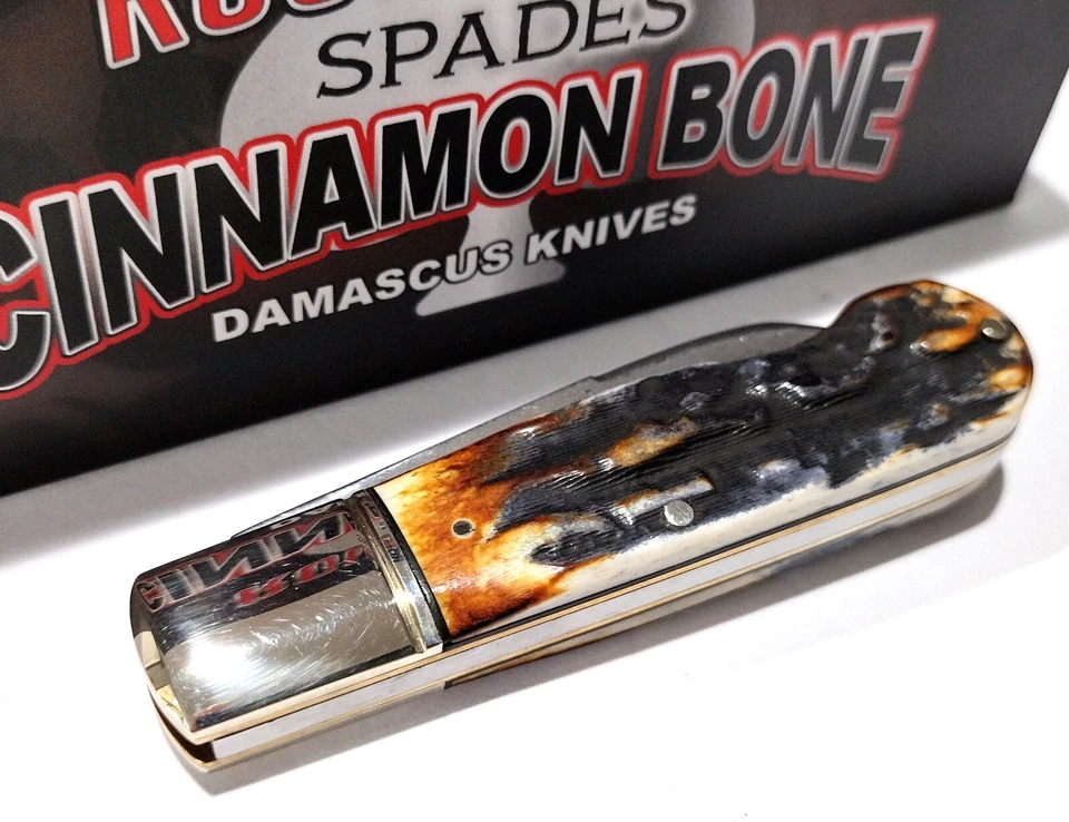 Rough Rider Brown Cinnamon Stag Bone Damascus Steel EO Jack Barlow Pocket Knife - Image 4 of 4