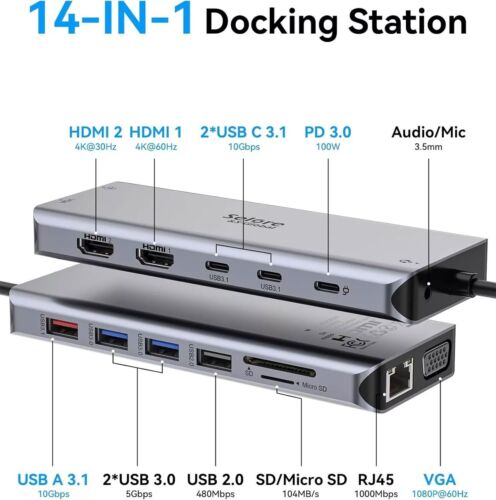 14 in 1 USBC Docking Station Dual Monitor USB C Dock Dual Display 2 HDMI Adapter - Picture 2 of 8