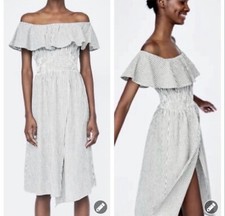 ZARA Size XS 6831/025 Off The Shoulder Striped Cotton Dress 