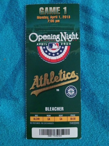 Montag, 1. April 2013 Oakland Athletics vs. Sitz. Game Ticket Eröffnungstag Spiel 1