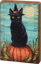 Cat Witch Halloween Primitives by Kathy Wood Block Sign 4 in x 6 in