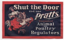 Étiquette publicitaire 1890 pour régulateurs animaux et volailles Pratt's Lady on Chicken  