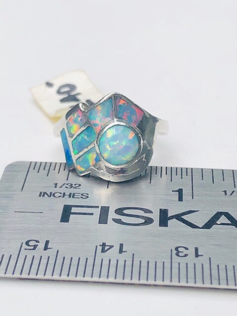 Vintage David Freeland Art Deco Ladies Blue Red Fire Opal Ring 5 3/4 Silver wing image 5