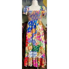 Farm Rio Sunny Mix Patchwork Smocked Midi Dress XS