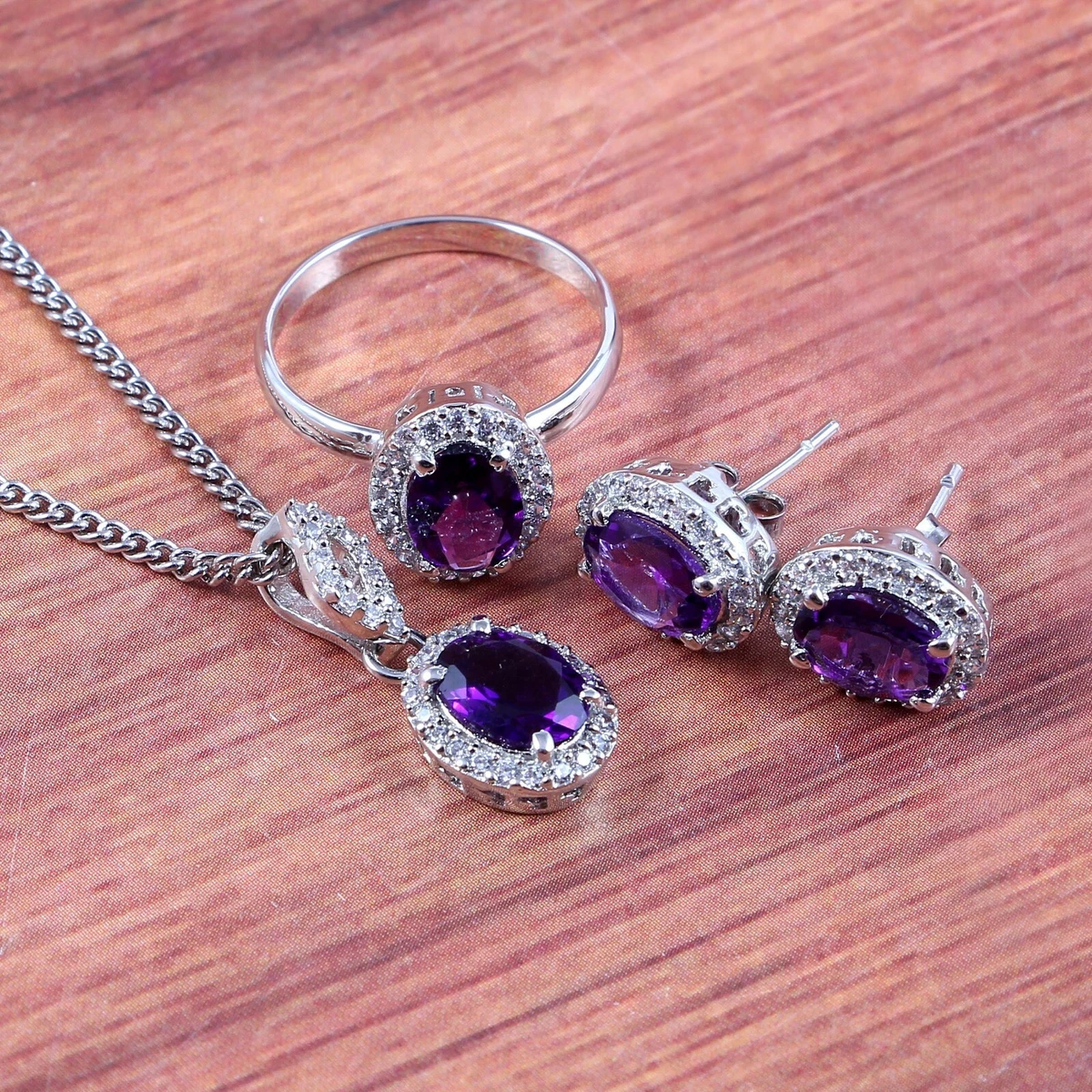 Natural Amethyst Ring Earrings Pendant Halo Jewelry Set 925