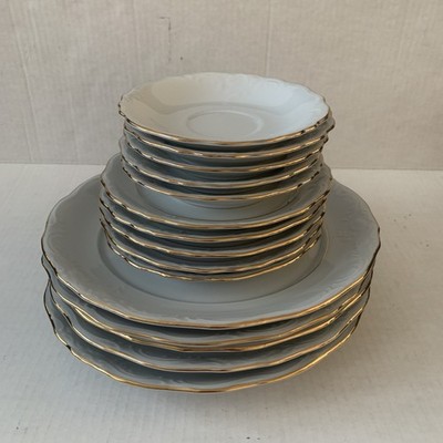 Set of 15 white Tienshan Fine China Elegance Gold Trimmed Embossed Plates EUC 