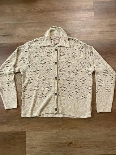 Woolrich, Vintage Woolrich Pointelle Knit Cardigan Sweater Beige Collared Button Up XL
