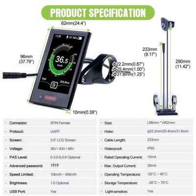eBike Display For BAFANG BBS01B BBS02B BBSHD E-bike Conversion Kit Computer With 5 Level Pass UART Protocol